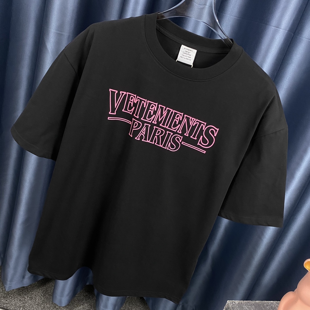 NEW夏の ヴェトモン ロゴ偽物 純綿 トップス 短袖 プリント Tシャツ 男女兼用 ファッション 大人気 ブラック_2