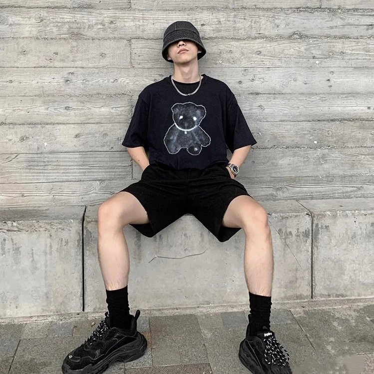 ウェルダン ネックレス激安通販 トップス 純綿Tシャツ ゆったり パールネックレス反射熊プリント 2色可選_2