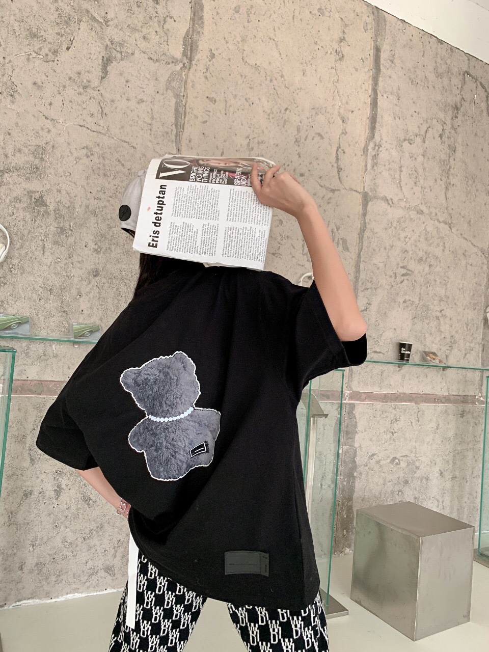 ウェルダン ネックレス激安通販 トップス 純綿Tシャツ ゆったり パールネックレス反射熊プリント 2色可選_6
