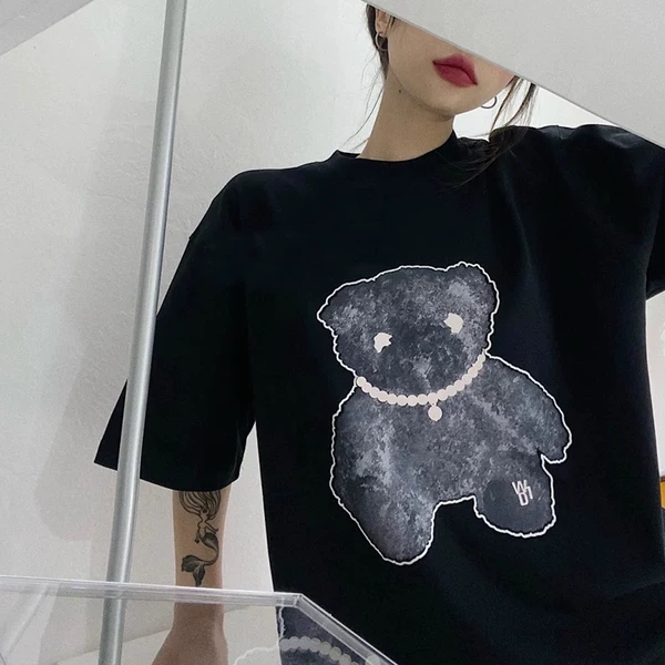 ウェルダン ネックレス激安通販 トップス 純綿Tシャツ ゆったり パールネックレス反射熊プリント 2色可選_7