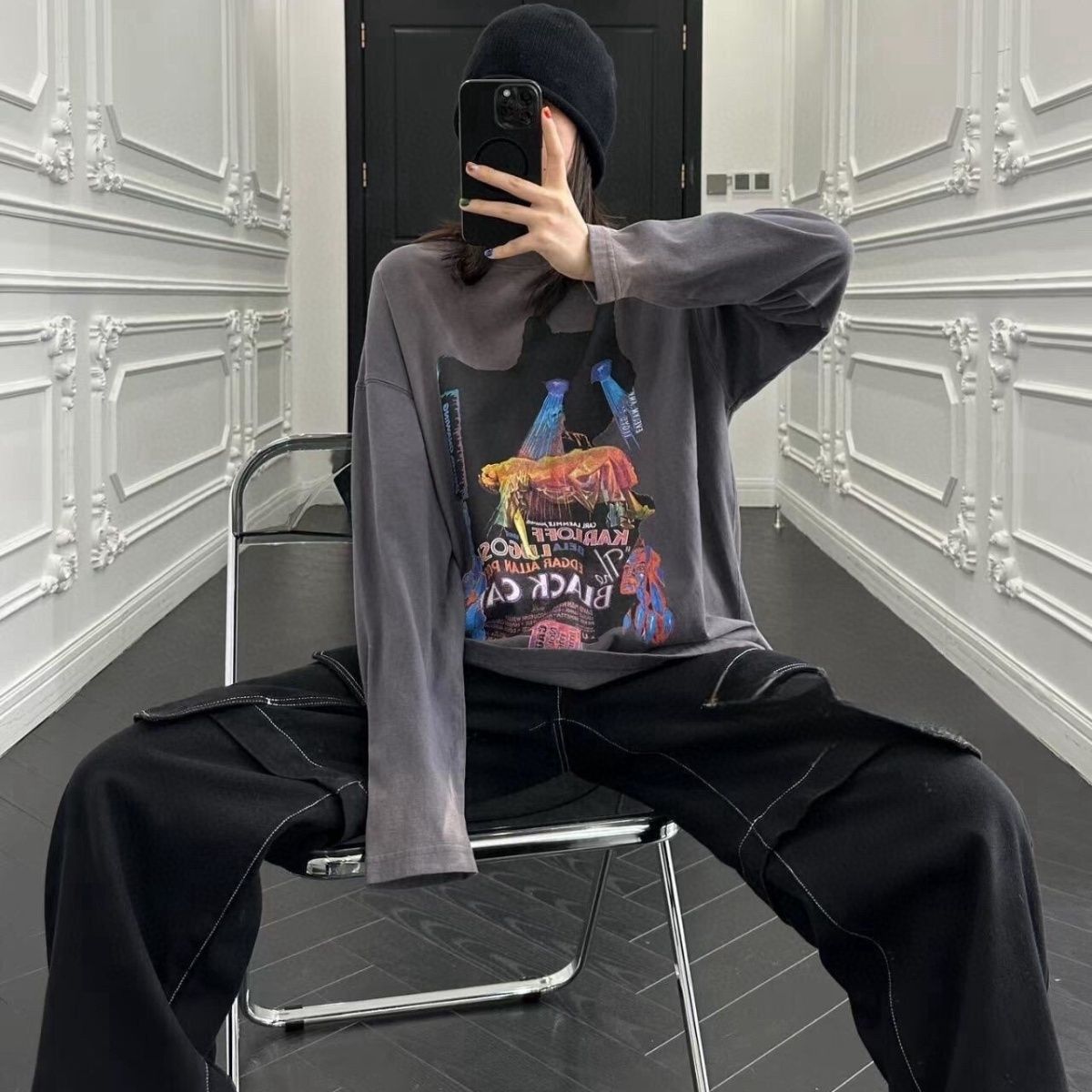 WE11DONE 驚きの破格値2024 新着 ウェルダン服激安通販 長袖tシャツ トップス 純綿 猫プリント 男女兼用 2色可選_2