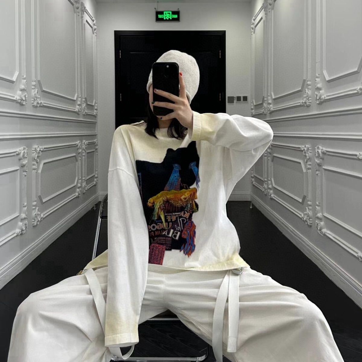 WE11DONE 驚きの破格値2024 新着 ウェルダン服激安通販 長袖tシャツ トップス 純綿 猫プリント 男女兼用 2色可選_4