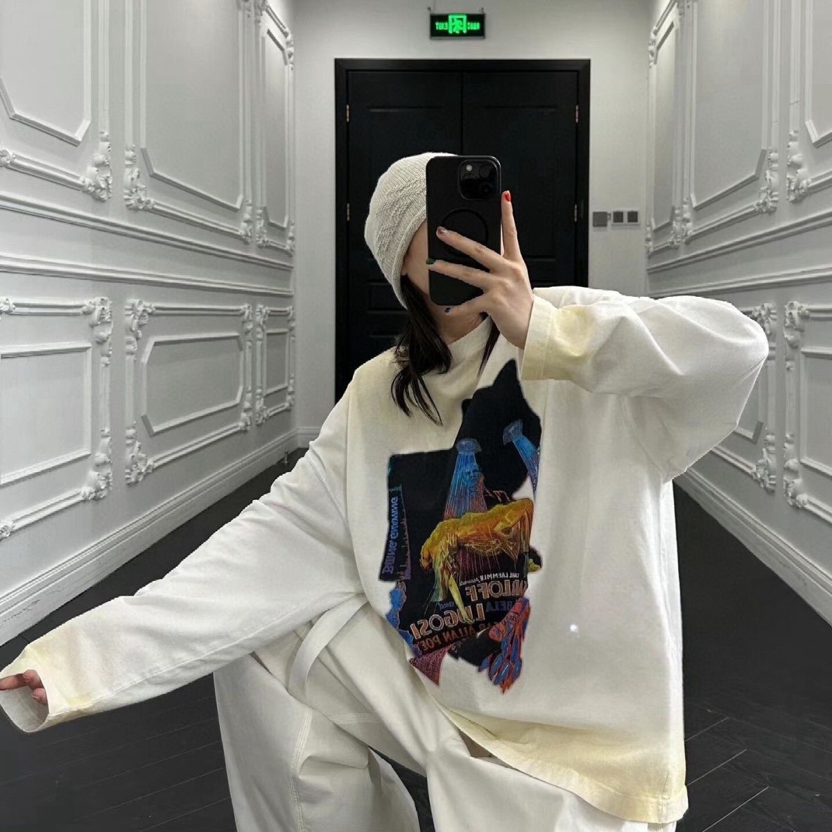 WE11DONE 驚きの破格値2024 新着 ウェルダン服激安通販 長袖tシャツ トップス 純綿 猫プリント 男女兼用 2色可選_5