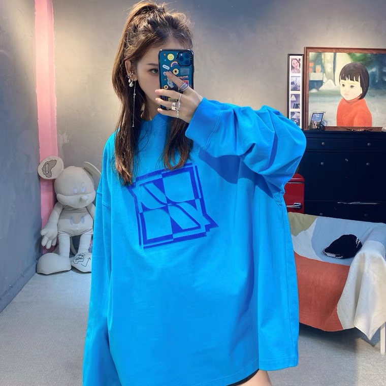 WE11DONE 品質保証安い ウェルカムヘル tシャツコピー 長袖tシャツ 純綿 柔らかい トップス 四角ロゴプリント ブルー_2