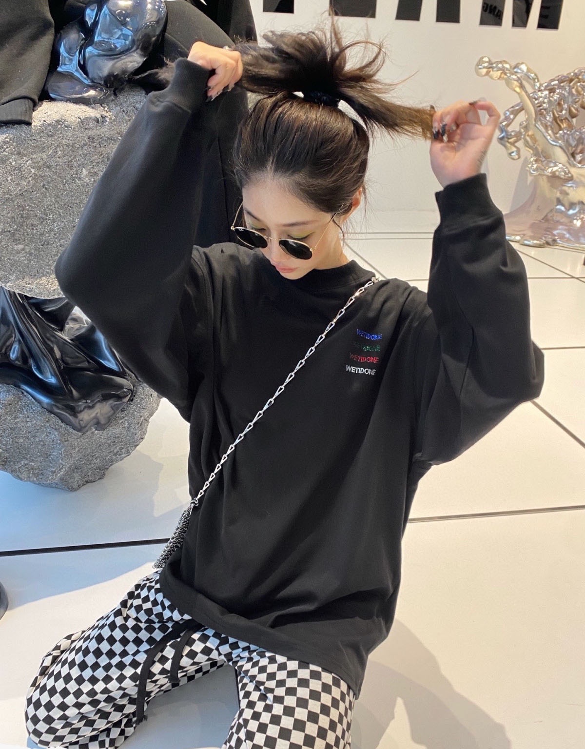 WE11DONE お買い得豊富な ウェルダン tシャツコピー 長袖 tシャツ 純綿トップス ダイヤモンド飾り ブラック_3