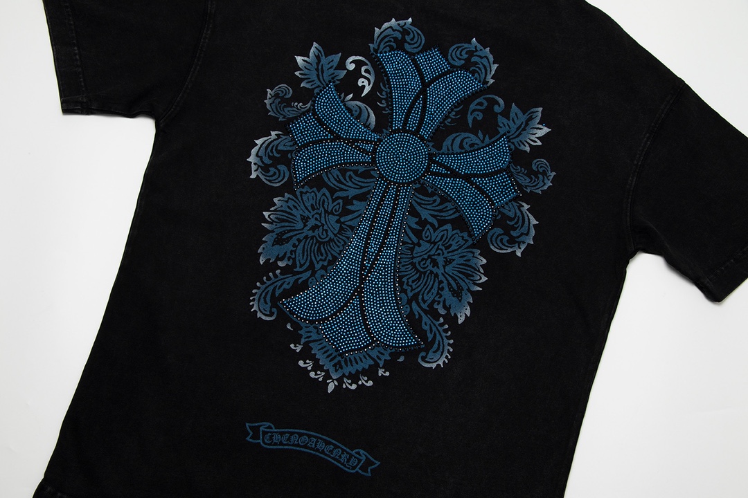 メンズ クロムハーツtシャツ激安通販 抜群の吸汗性 ファッション トップス 純綿 柔らかい 青い飾り 春夏品 ブラック_4