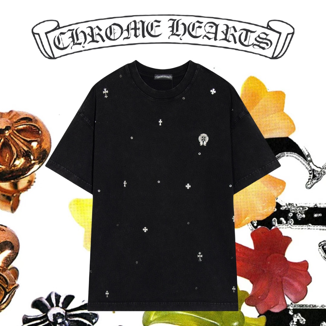 爆買い大得価 クロムハーツtシャツサイズ感コピー トップス 純綿 柔らかい シンプル 十字架飾り ファッション 人気 ブラック_1