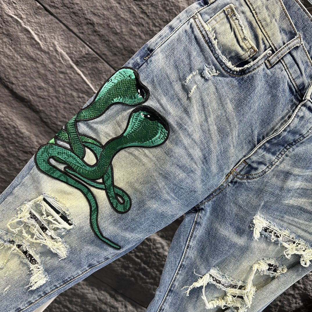 AMIRI 大絶賛 8ジーンズ激安通販 デニム ズボン 美脚 パンツ ファッション シンプル 柔らかい コブラ刺繍 ブルー_5
