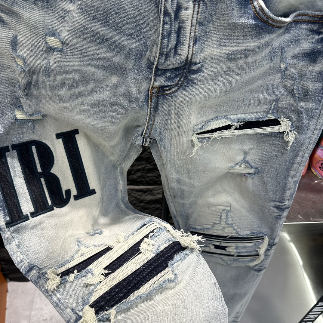 AMIRI 限定セール低価 ズボンスリットコピー デニム ジンーズ パンツ ロゴ刺繍 柔らかい 通学 ファッション ブルー_3