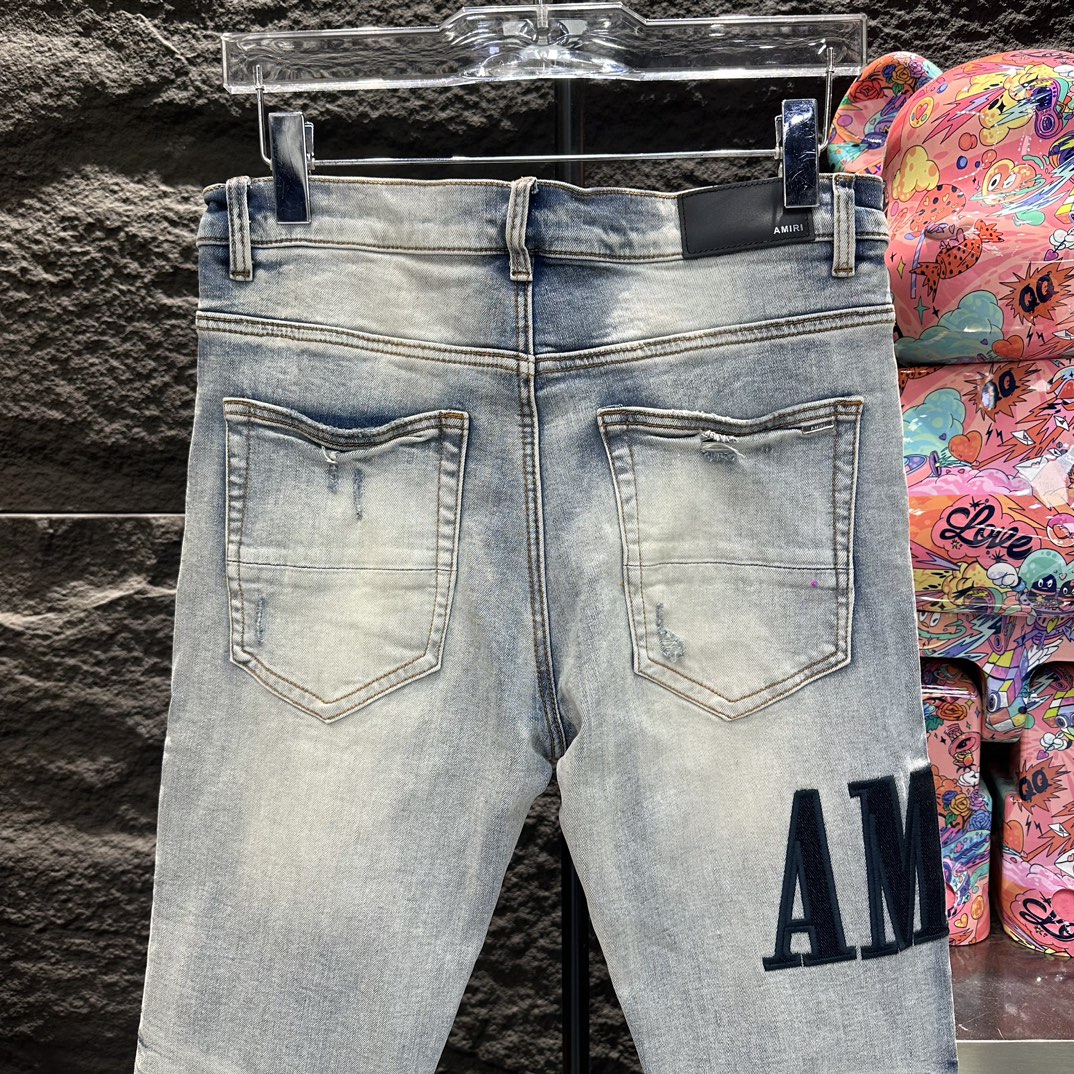 AMIRI 限定セール低価 ズボンスリットコピー デニム ジンーズ パンツ ロゴ刺繍 柔らかい 通学 ファッション ブルー_4