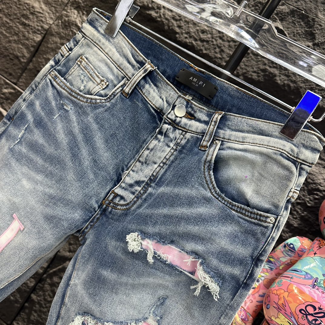 AMIRI ミリタリーズボン偽物 デニム 通学 高級感 ジンーズ ピンクロゴ パンツ ダメージを施し 大人気 ブルー_3