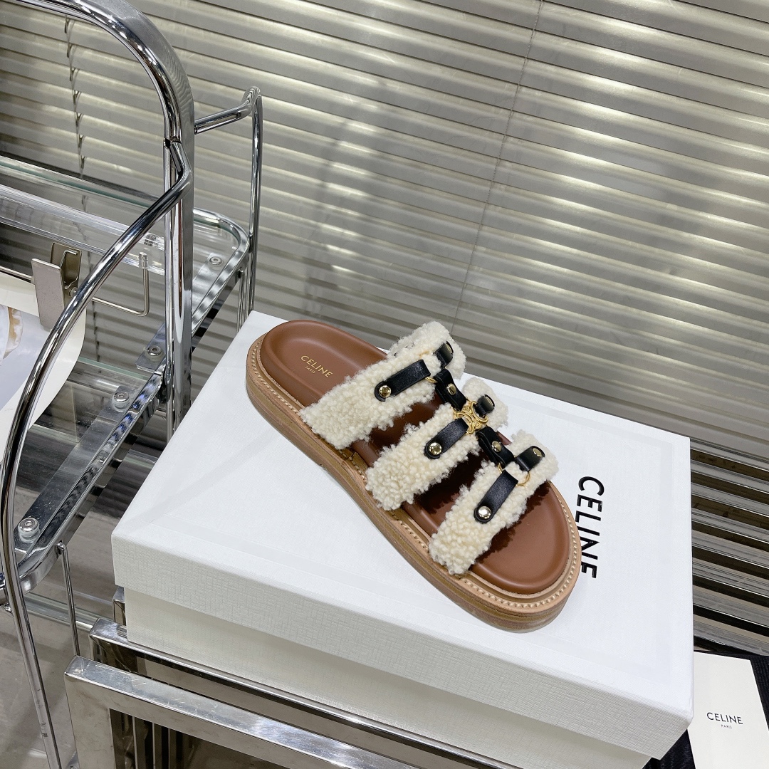 セリーヌ n級品 スーパーコピー サンダル ウール ブラック 秋冬用 暖かい ふわふわ 可愛い_3