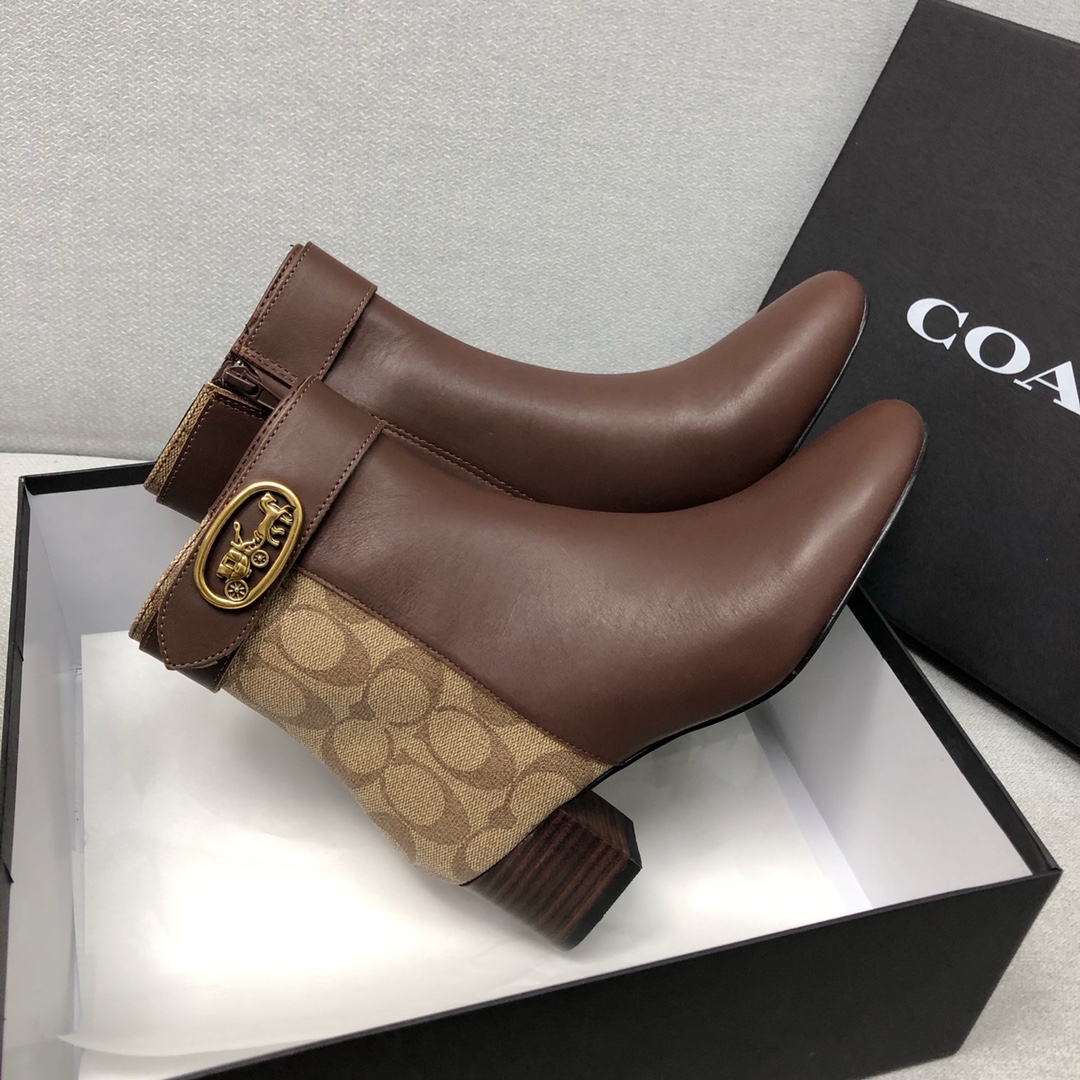 COACHコーチの靴のサイズ激安通販 歩きやすい ショットブーツ シンプル  低めヒール レディース 履きやすい 花柄 ブラウン_2