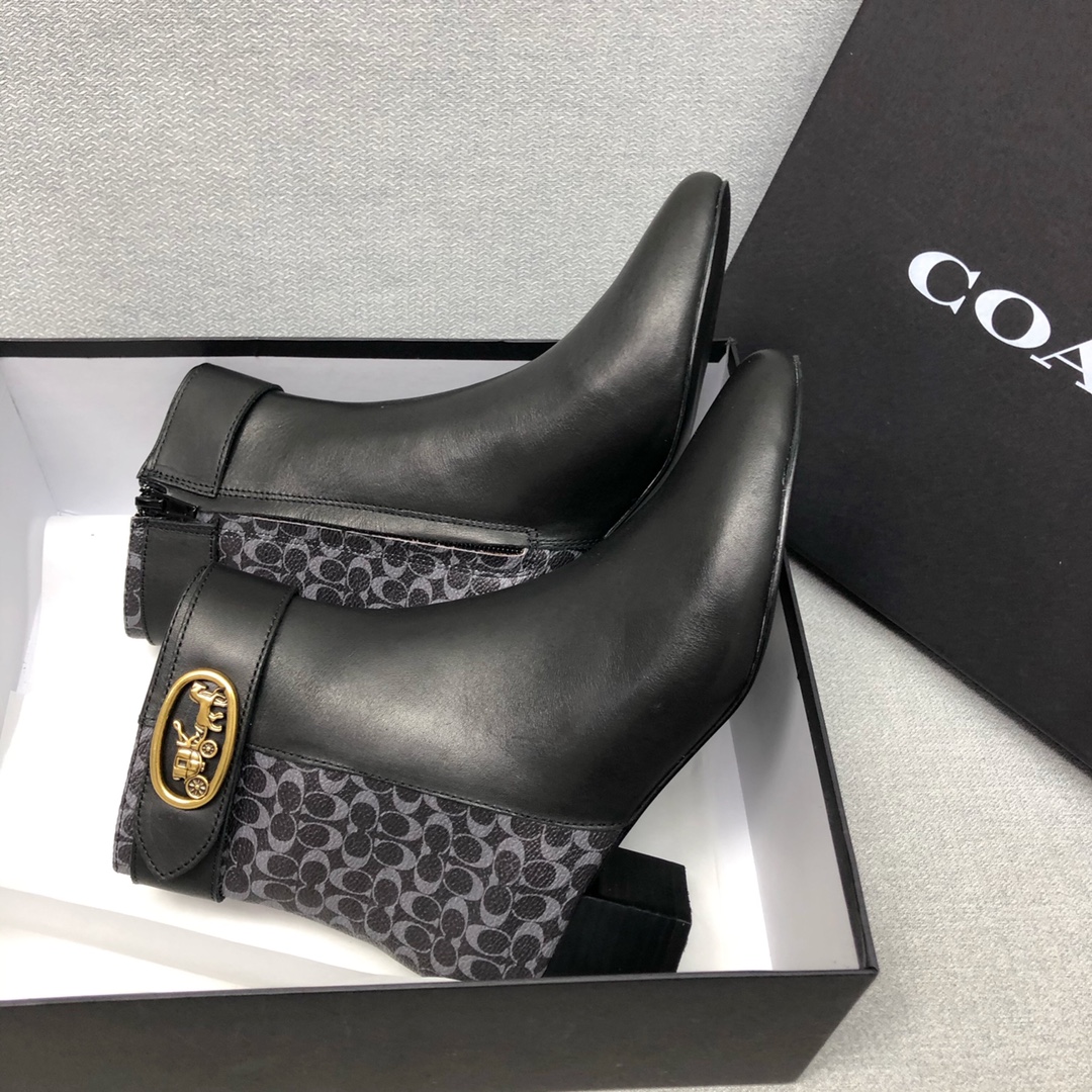 COACHコーチ 靴 履き心地偽物 歩きやすい ショットブーツ シンプル  低めヒール レディース 履きやすい 花柄 ブラック_2