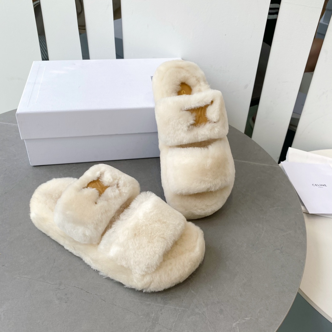 セリーヌ CELINE限定 スーパーコピー サンダル ウール ベージュ 秋冬用 暖かい ふわふわ 可愛い_5