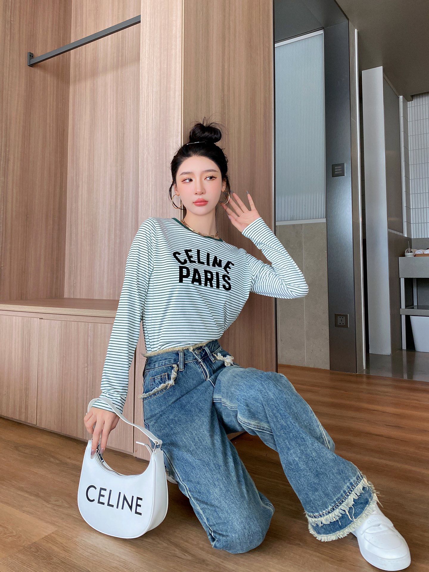 celineセリーヌ メッシュ t シャツコピー トップス 長袖 純綿 シンプル 日常服 カジュアル 緑ネック 品質保証 グレイ_1