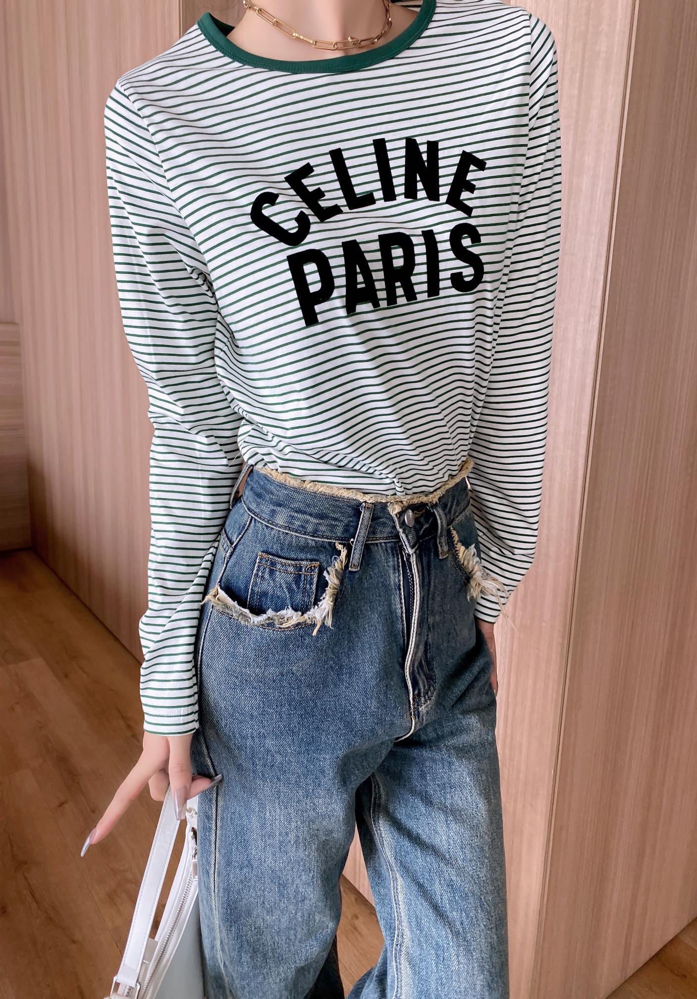 celineセリーヌ メッシュ t シャツコピー トップス 長袖 純綿 シンプル 日常服 カジュアル 緑ネック 品質保証 グレイ_3