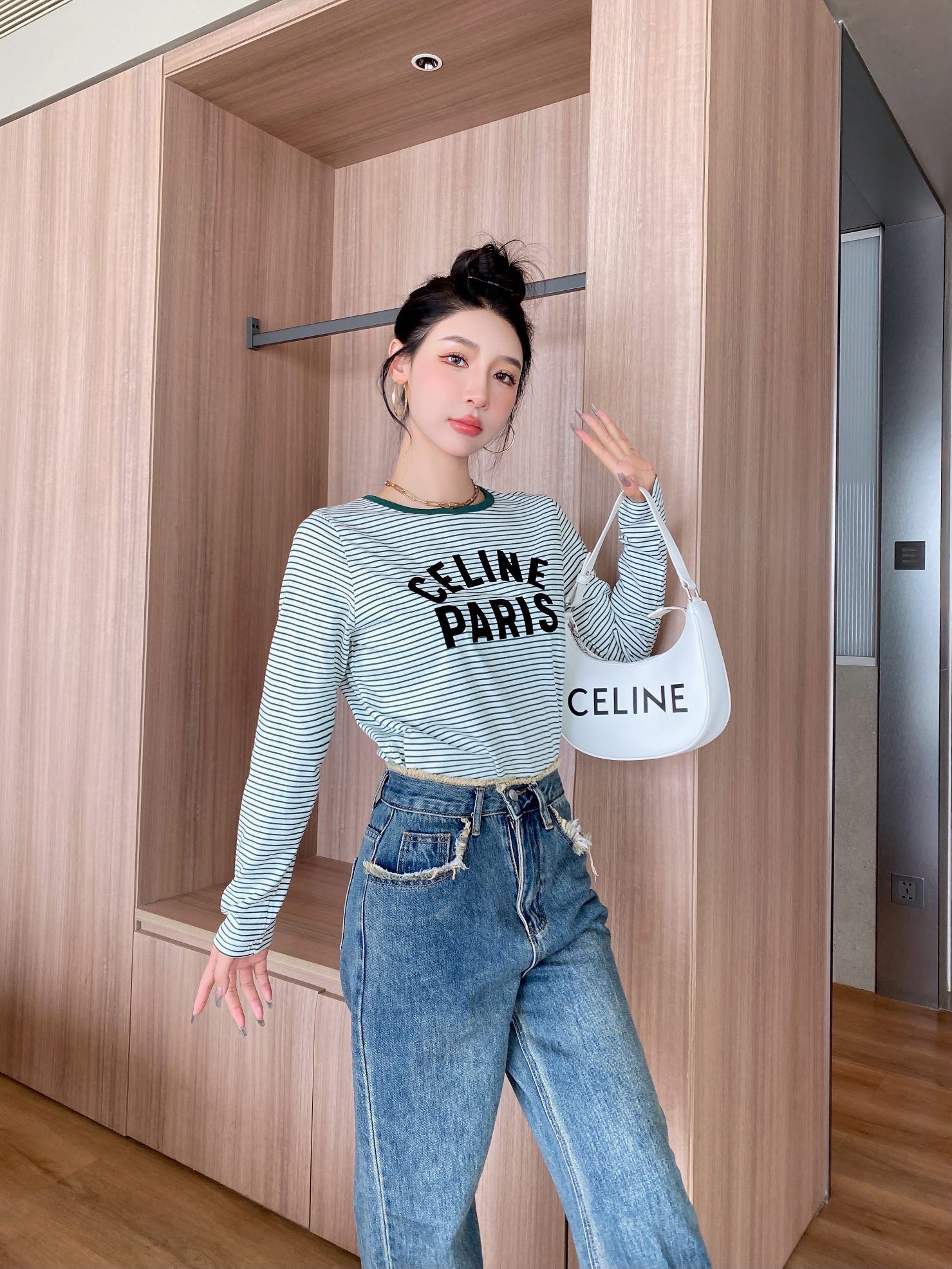 celineセリーヌ メッシュ t シャツコピー トップス 長袖 純綿 シンプル 日常服 カジュアル 緑ネック 品質保証 グレイ_4