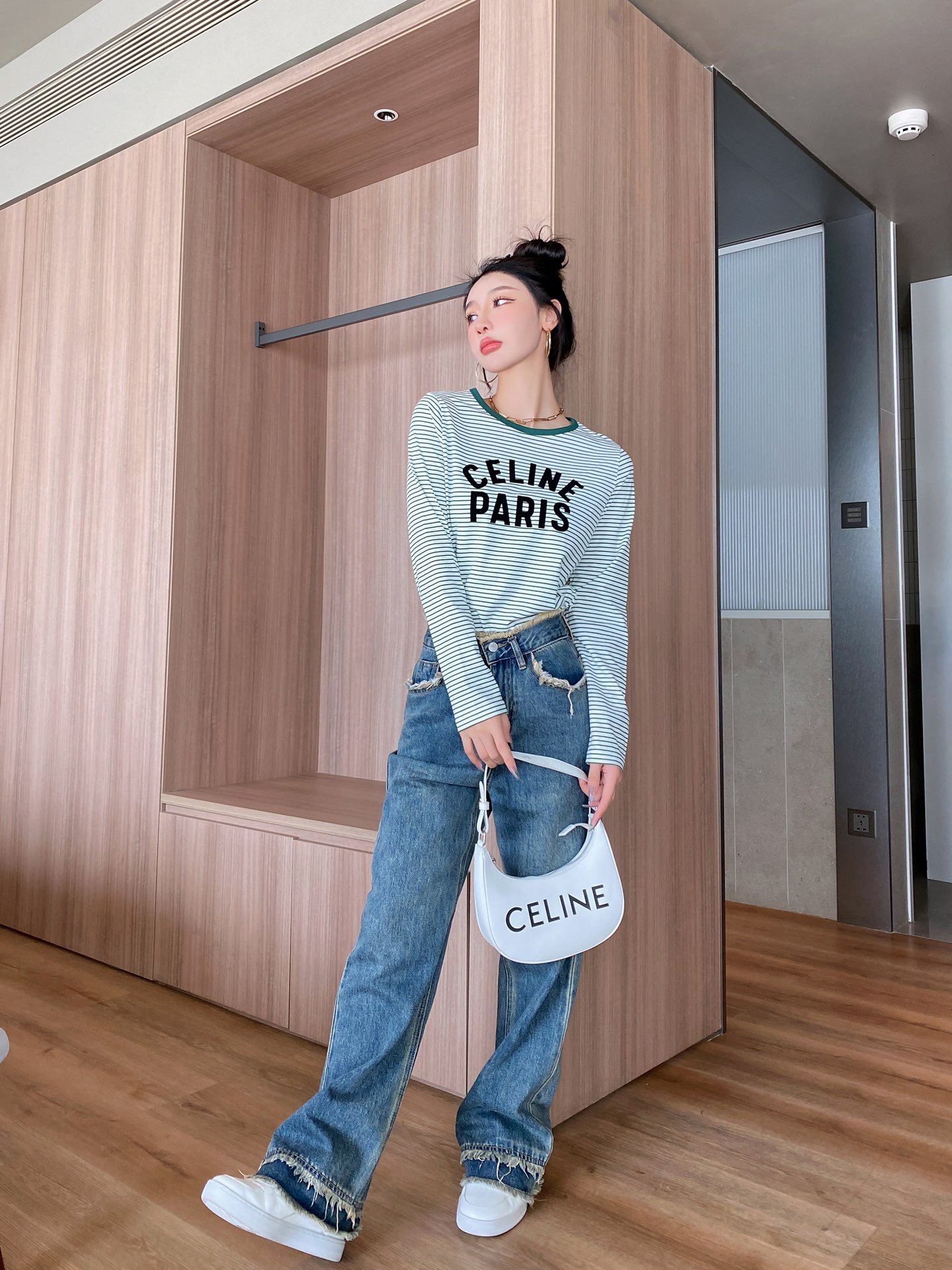 celineセリーヌ メッシュ t シャツコピー トップス 長袖 純綿 シンプル 日常服 カジュアル 緑ネック 品質保証 グレイ_5