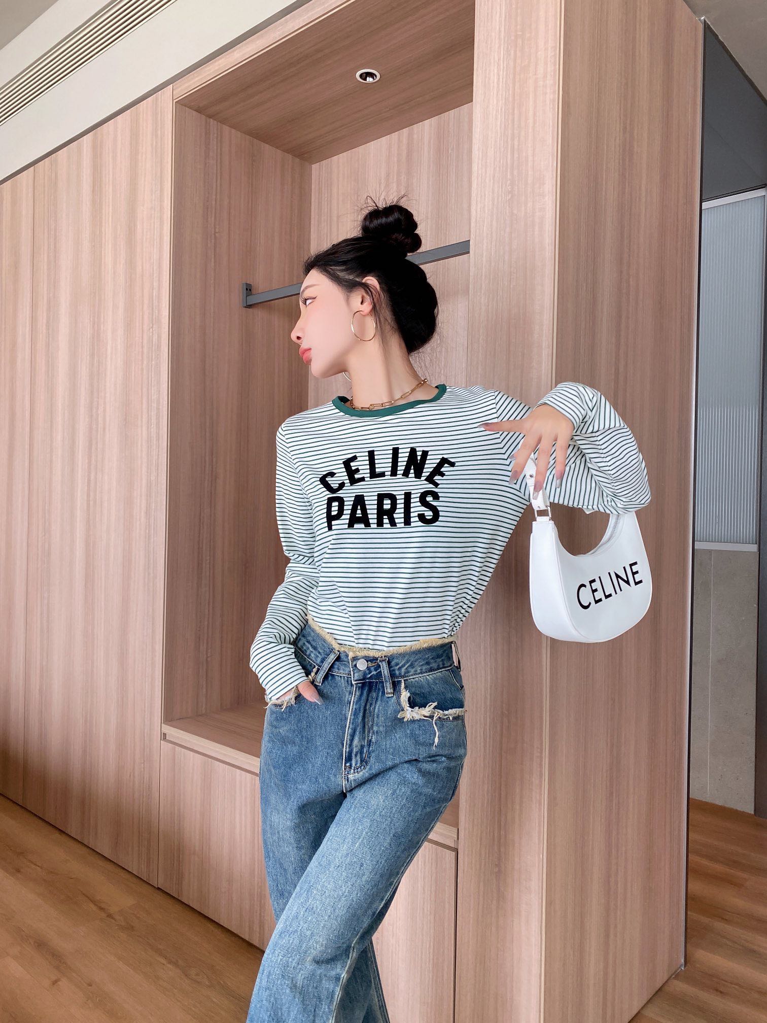 celineセリーヌ メッシュ t シャツコピー トップス 長袖 純綿 シンプル 日常服 カジュアル 緑ネック 品質保証 グレイ_9