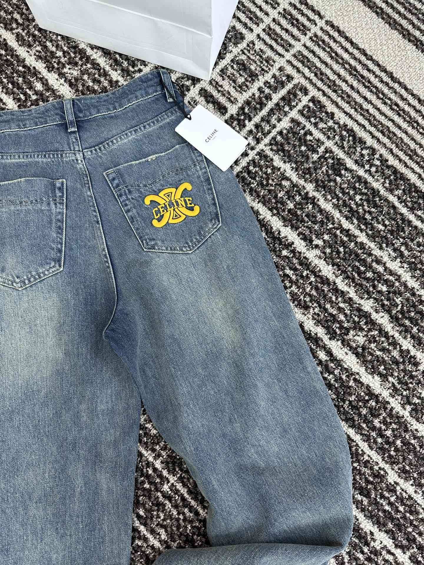 セリーヌ ウェスリーコピー ズボン カジュアルパンツ 筒形ズボン デニム 柔らかい ロゴ刺繍 ブルー_4