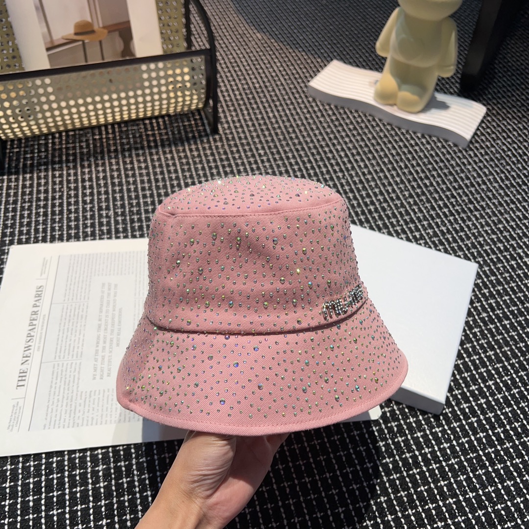 ミュウミュウ キャップ サイズ感激安通販 バケットハット 漁師帽 ダイヤモンド飾り 柔らかい 春夏新品 日焼け止め ピンク_7