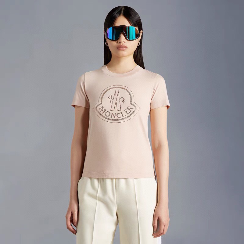 華やかに演出する モンクレールtシャツコーデＮ級品 純綿 ロゴプリント ダイヤモンド飾り トップス 丸首 半袖 ピンク_1