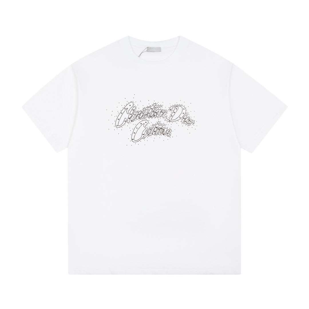 抜群な存在感 レディース ディオールtシャツ偽物 純綿 シンプル 半袖 トップス プリント ダイヤモンド飾り ホワイト_1