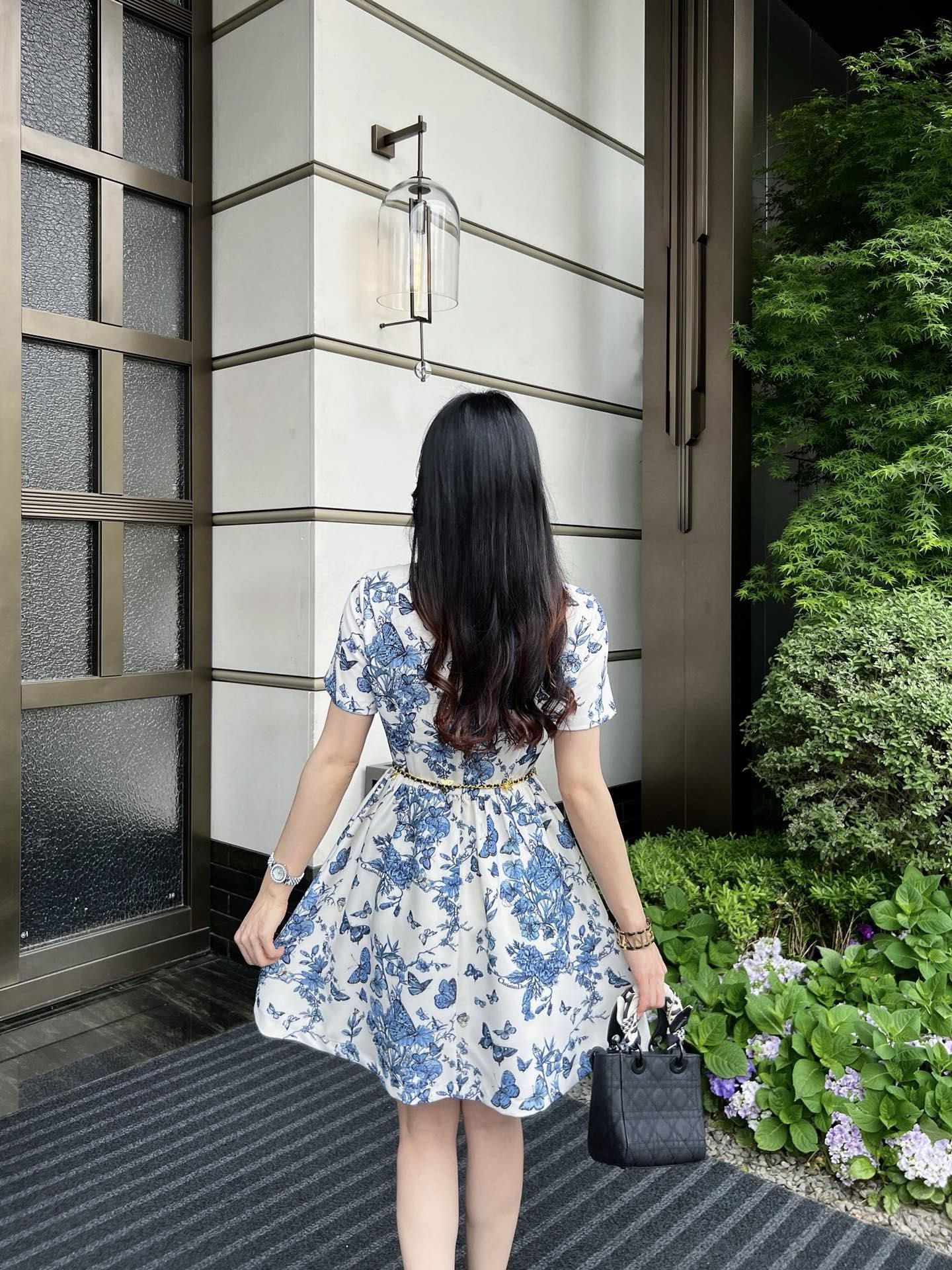 スカーフ ディオール激安通販 夏 ワンピース 女性用 レディース 爽やか 半袖 プリント カラフル ブルー_4