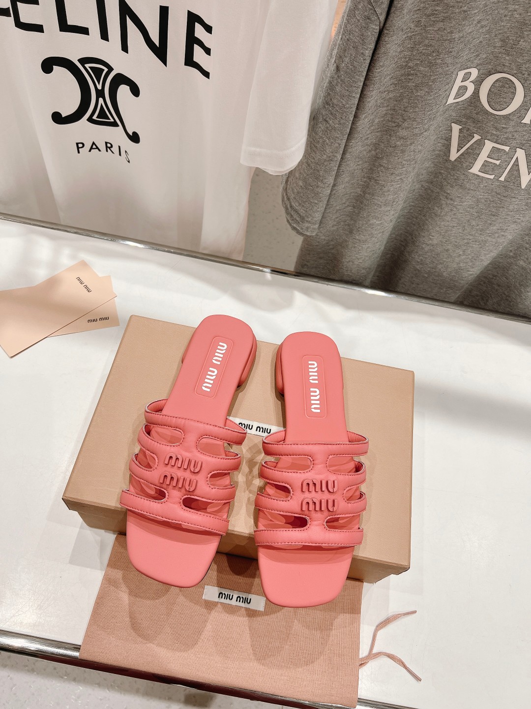 miu miu ミュール激安通販 レザー 夏シューズ レディース スリッパ おしゃれ スクエア 桃色_1