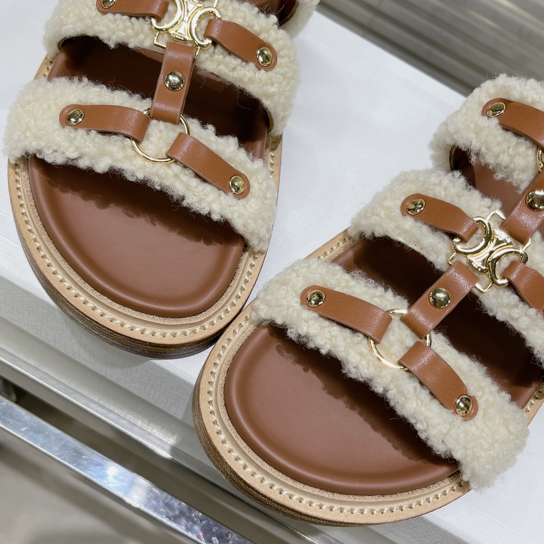 魅せる セリーヌシューズスーパーコピー 韓国ふわふわ 厚底サンダル ファースリッパ 歩きやすい おしゃれ ブラウン_8