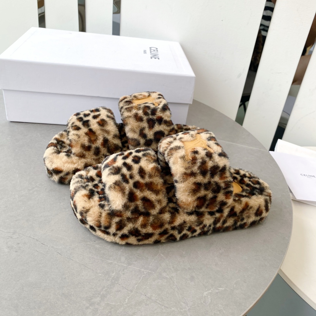 セリーヌ アメリカＮ級品 つっかけ 暖かい もこもこ ルームシューズ秋冬 厚底 スリッパ 歩きやすい ヒョウ柄_2