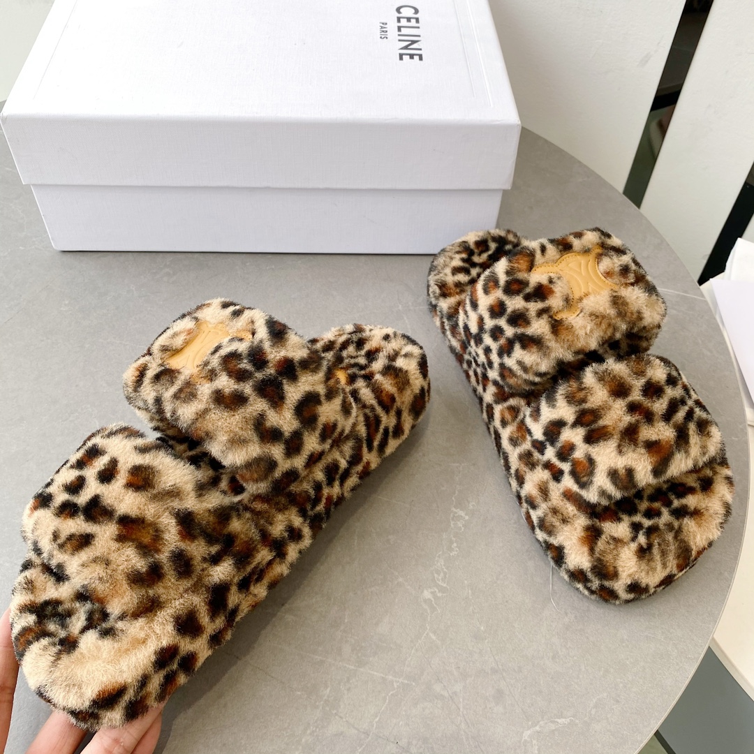 セリーヌ アメリカＮ級品 つっかけ 暖かい もこもこ ルームシューズ秋冬 厚底 スリッパ 歩きやすい ヒョウ柄_3