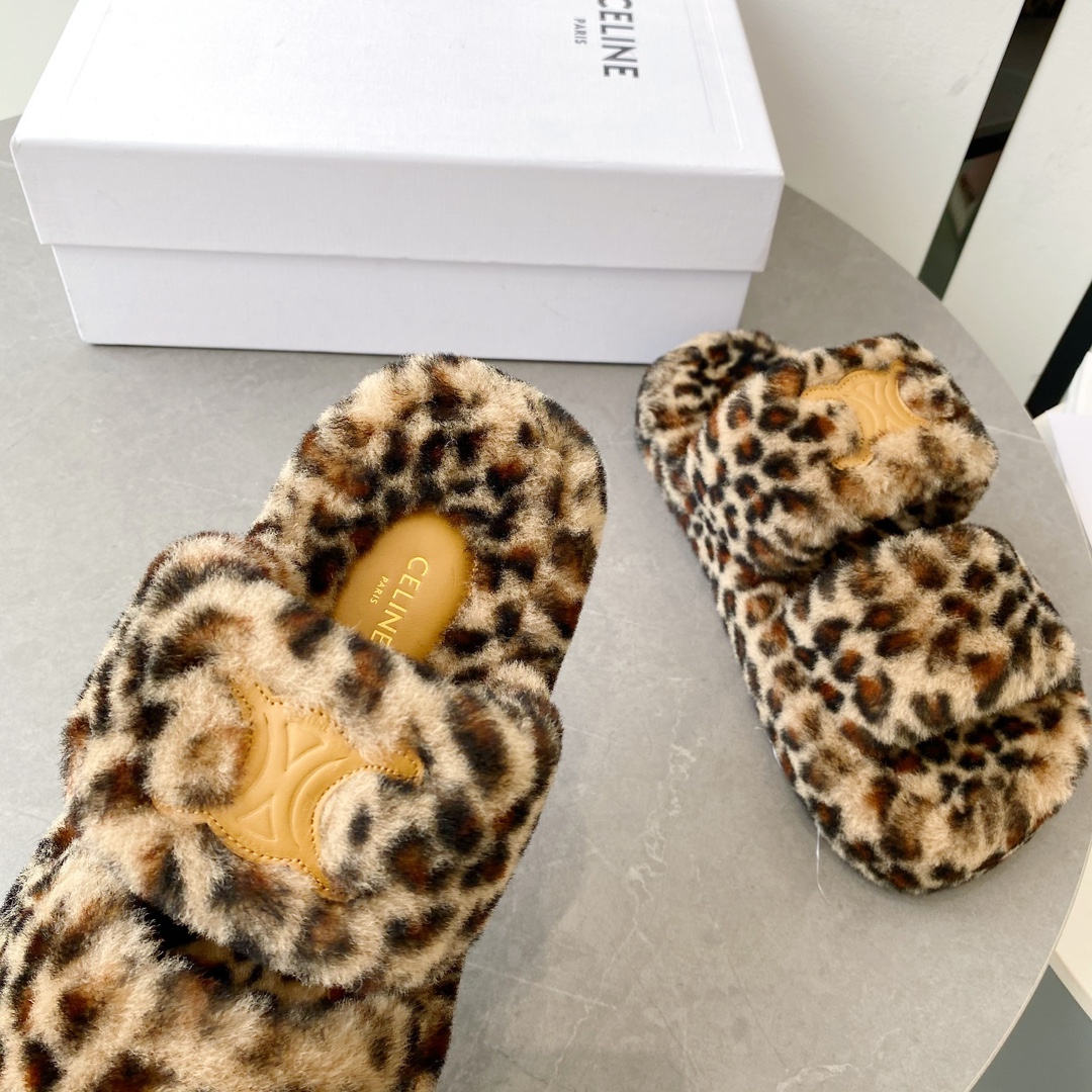 セリーヌ アメリカＮ級品 つっかけ 暖かい もこもこ ルームシューズ秋冬 厚底 スリッパ 歩きやすい ヒョウ柄_4