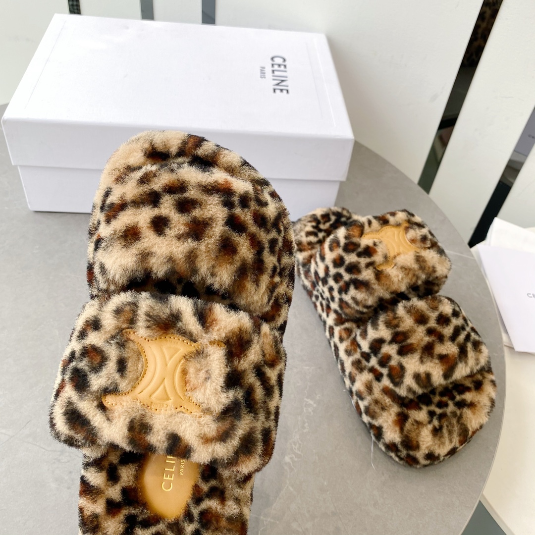 セリーヌ アメリカＮ級品 つっかけ 暖かい もこもこ ルームシューズ秋冬 厚底 スリッパ 歩きやすい ヒョウ柄_6