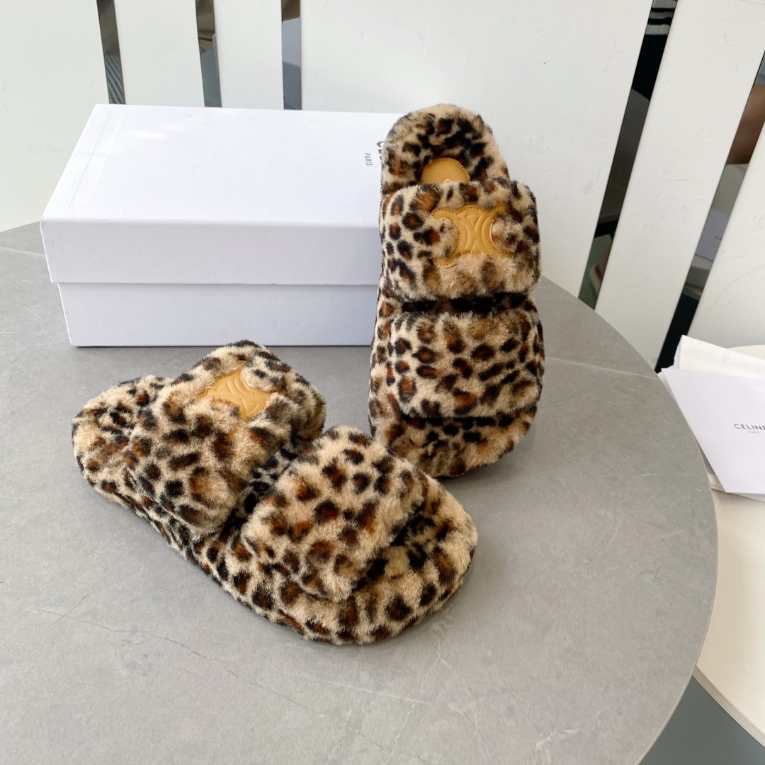 セリーヌ アメリカＮ級品 つっかけ 暖かい もこもこ ルームシューズ秋冬 厚底 スリッパ 歩きやすい ヒョウ柄_8
