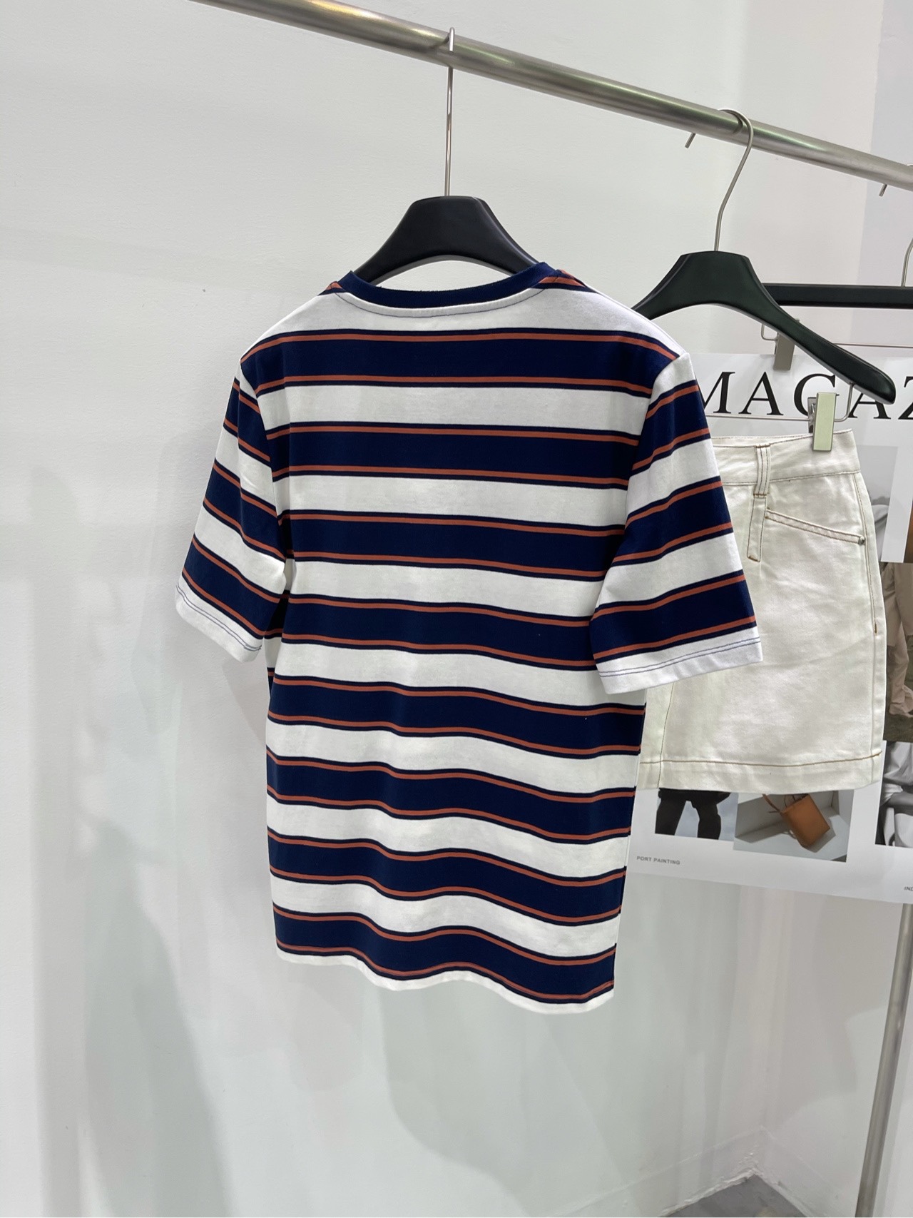 ミュウミュウローブルースーパーコピー Tシャツ 半袖 トップス 純綿 カジュアル 縞模様 ポケット付き ブルー_8