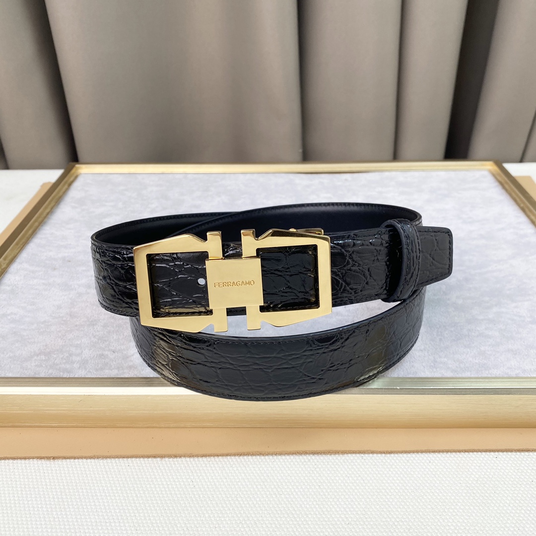 期間限定SALE!! ferragamoガンチーニ ベルトＮ級品 幅35㎜ 柔らかい ビジネス ベルト 牛革 ゴールドバックル メンズ ブラック_2