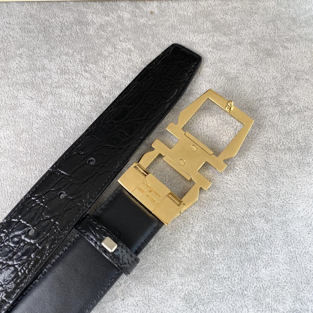 期間限定SALE!! ferragamoガンチーニ ベルトＮ級品 幅35㎜ 柔らかい ビジネス ベルト 牛革 ゴールドバックル メンズ ブラック_3