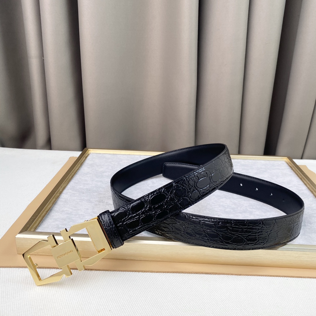 期間限定SALE!! ferragamoガンチーニ ベルトＮ級品 幅35㎜ 柔らかい ビジネス ベルト 牛革 ゴールドバックル メンズ ブラック_6