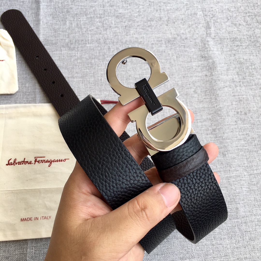 海外セレブ定番愛用 フェラガモ ベルト メンズＮ級品 幅35㎜ 牛革 レザー ビジネス 本革で作られ シルバーバックル 調整可 メンズ ブラック_4