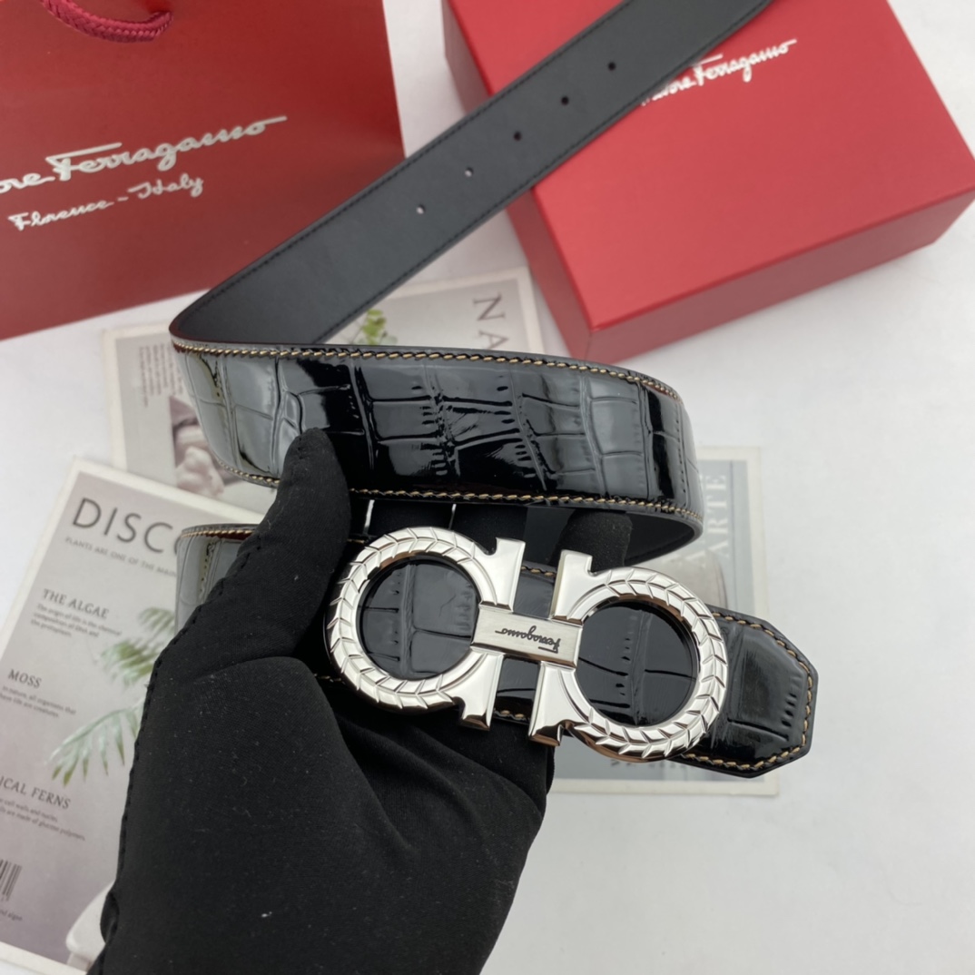 フェラガモ レディース ベルトコピー 幅38㎜ 牛革 ビジネス プレゼント 人気定番 シルバーバックル メンズ ブラック_6