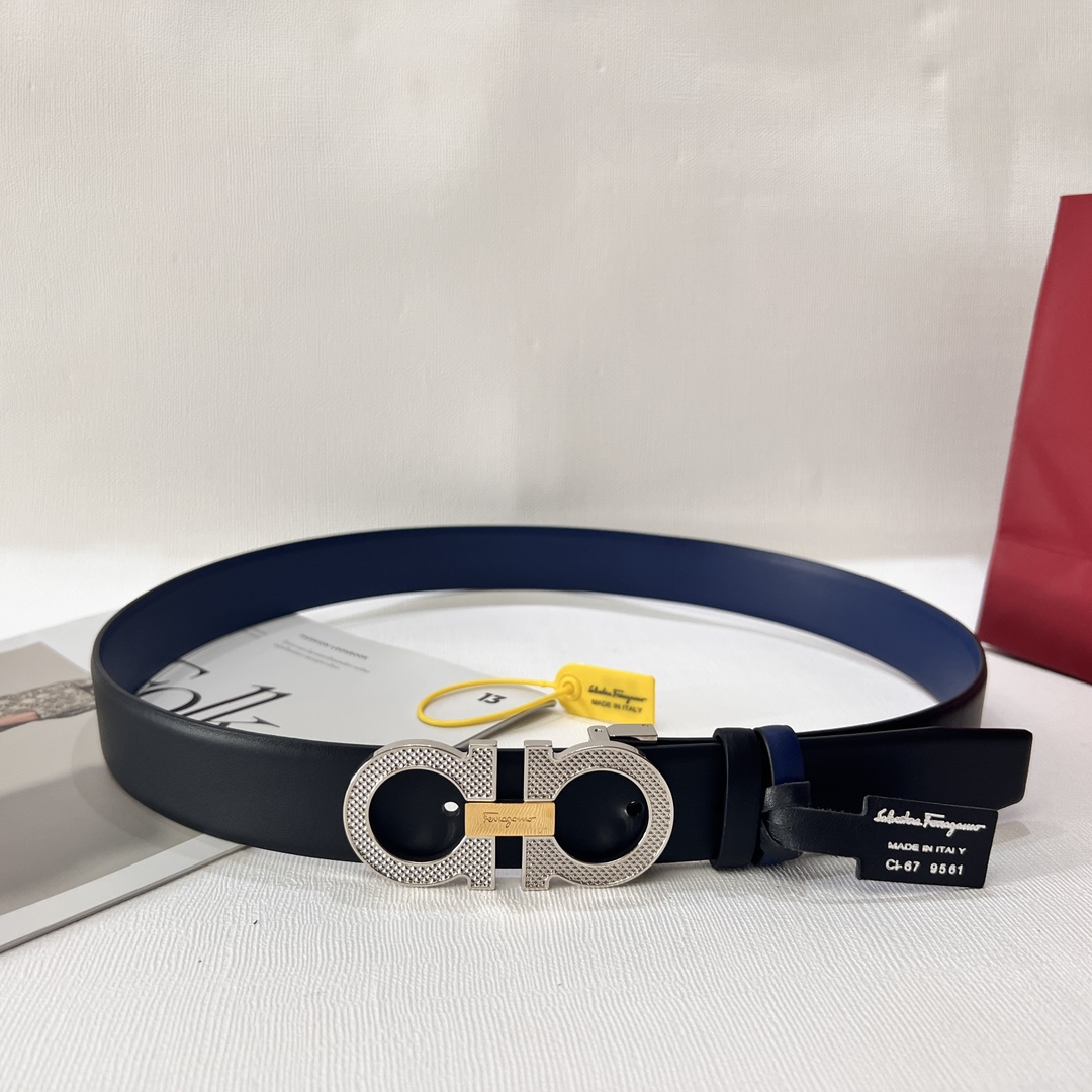 ferragamoふぇら が もの ベルト偽物 幅34㎜ ビジネス 紳士ベルト 牛革 本革 シンプル 両面兼用 メンズ 2色のバックル可選 ブラック_1
