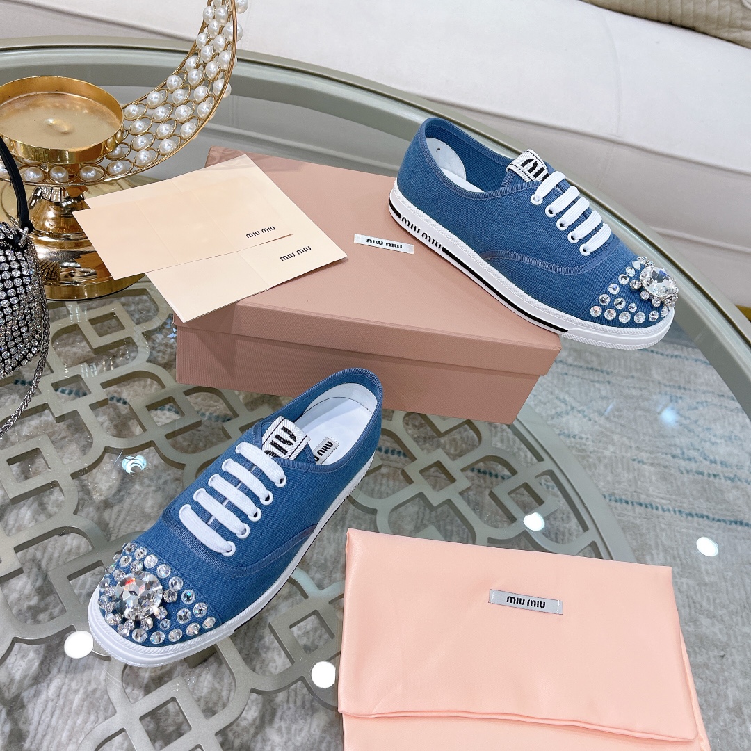miumiu フラット シューズスーパーコピー カジュアルシューズ ダイヤモンド飾り ファッション 運動シューズ 牛革 ゴム底 人気販売 ブルー_5