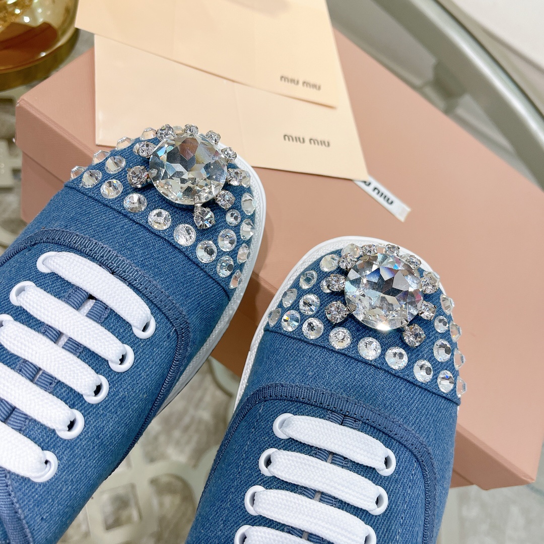 miumiu フラット シューズスーパーコピー カジュアルシューズ ダイヤモンド飾り ファッション 運動シューズ 牛革 ゴム底 人気販売 ブルー_6