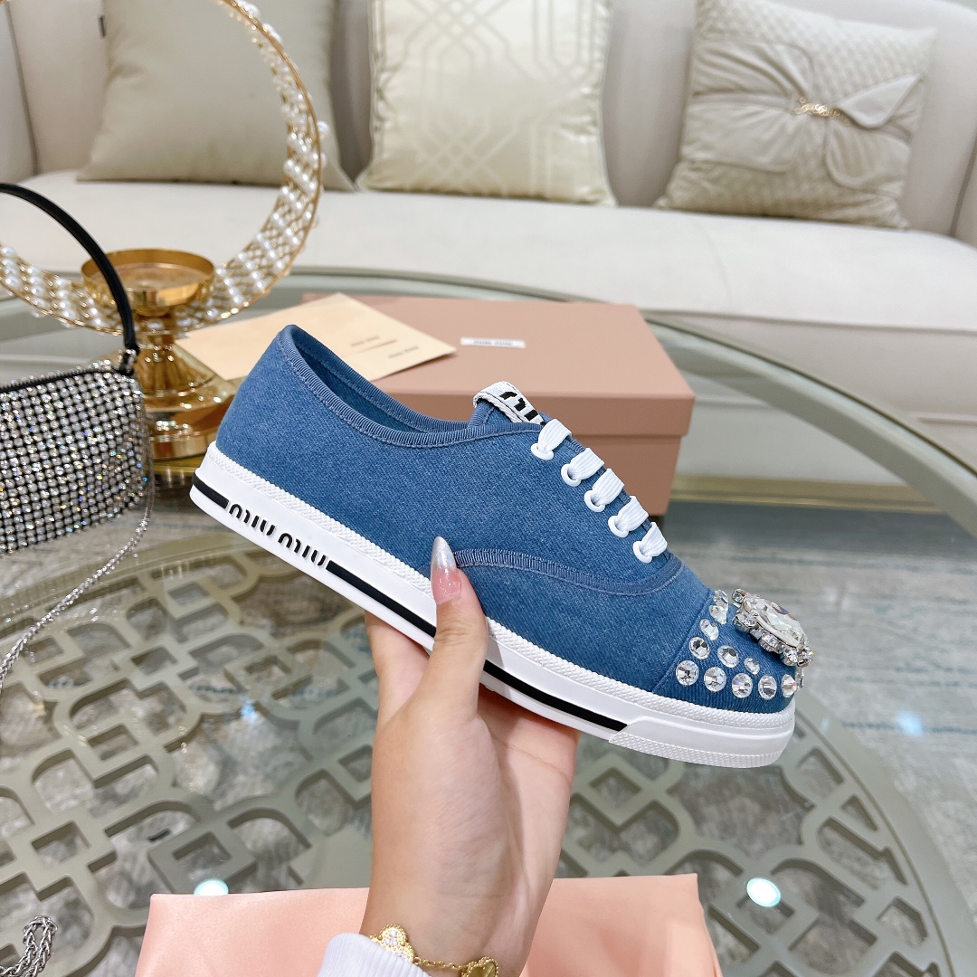 miumiu フラット シューズスーパーコピー カジュアルシューズ ダイヤモンド飾り ファッション 運動シューズ 牛革 ゴム底 人気販売 ブルー_8