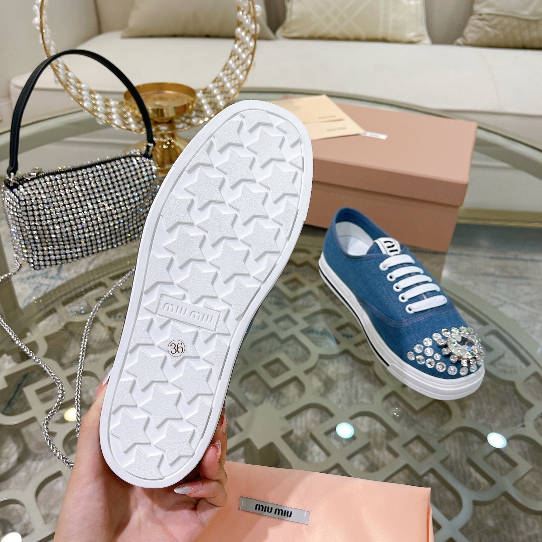 miumiu フラット シューズスーパーコピー カジュアルシューズ ダイヤモンド飾り ファッション 運動シューズ 牛革 ゴム底 人気販売 ブルー_9