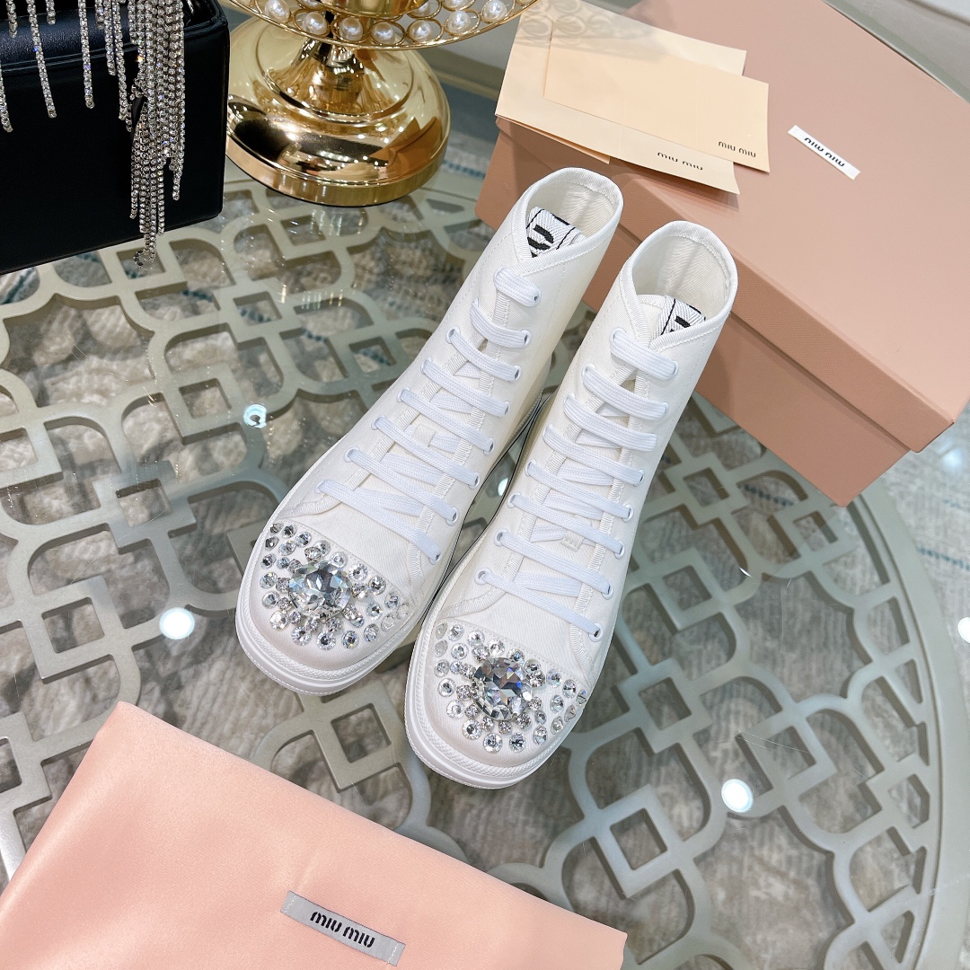 miumiu ブライダル シューズ激安通販 カジュアルシューズ ダイヤモンド飾り ファッション 運動シューズ 牛革 ハイカット ホワイト_6
