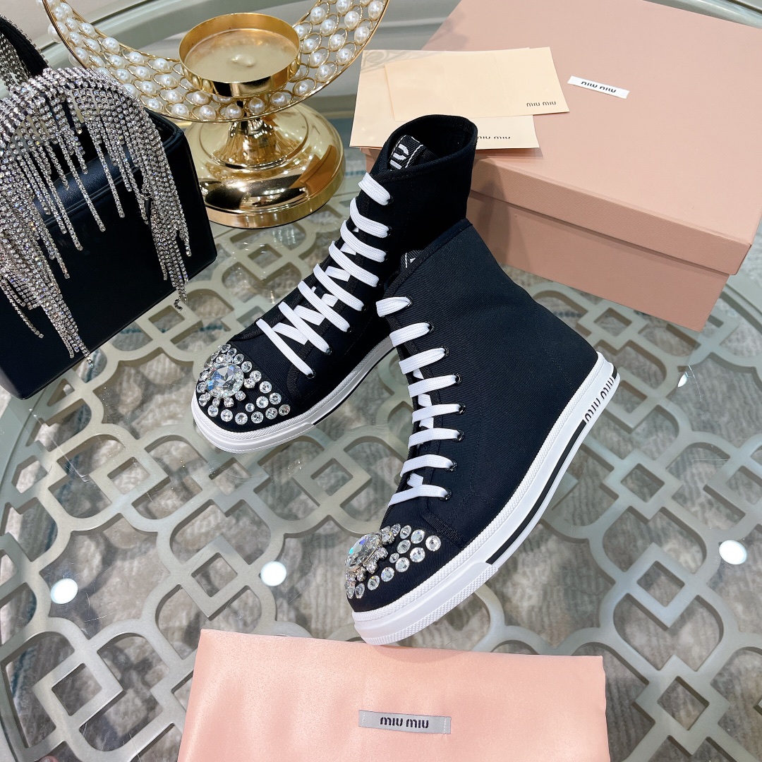 miumiu レース アップ シューズ偽物 カジュアルシューズ ダイヤモンド飾り ファッション 運動シューズ 牛革 ハイカット ブラック_8