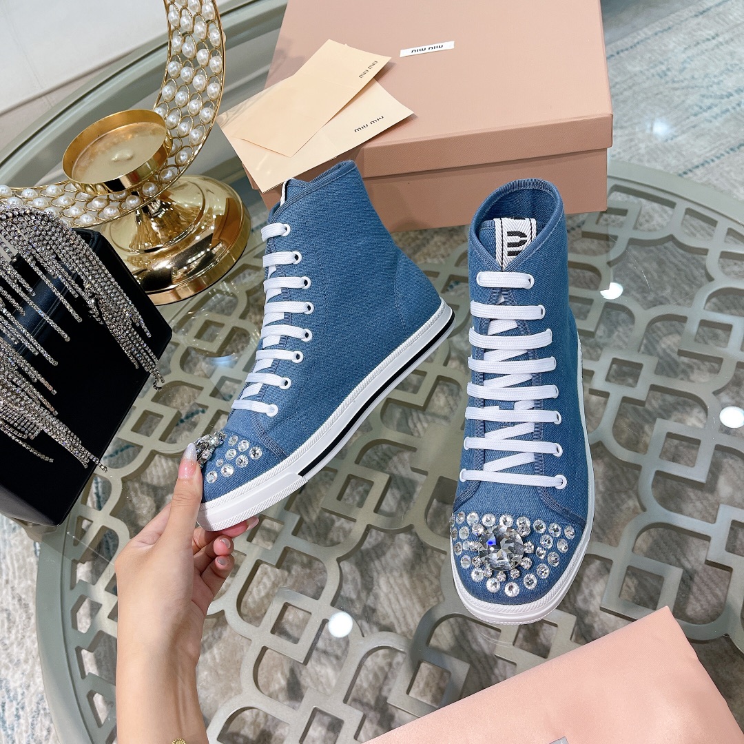 miumiu 靴 レディースコピー カジュアルシューズ ダイヤモンド飾り ファッション 運動シューズ 牛革 ハイカット ブルー_3